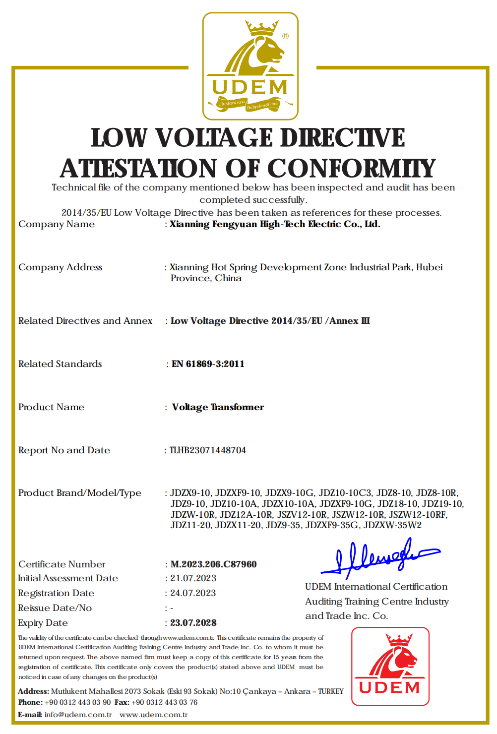 CE Certificate of Voltage Transformer CE Certificate of Voltage Transformer